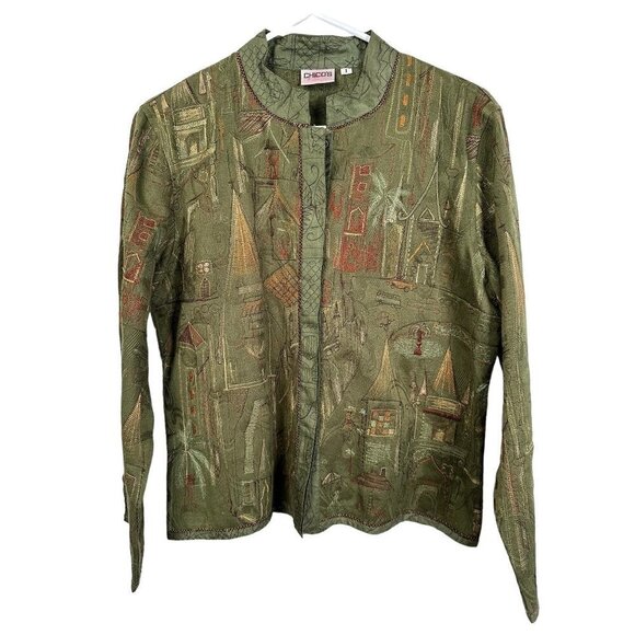 Chico's army green embroidered fashion jacket, size 1 - Picture 1 of 6